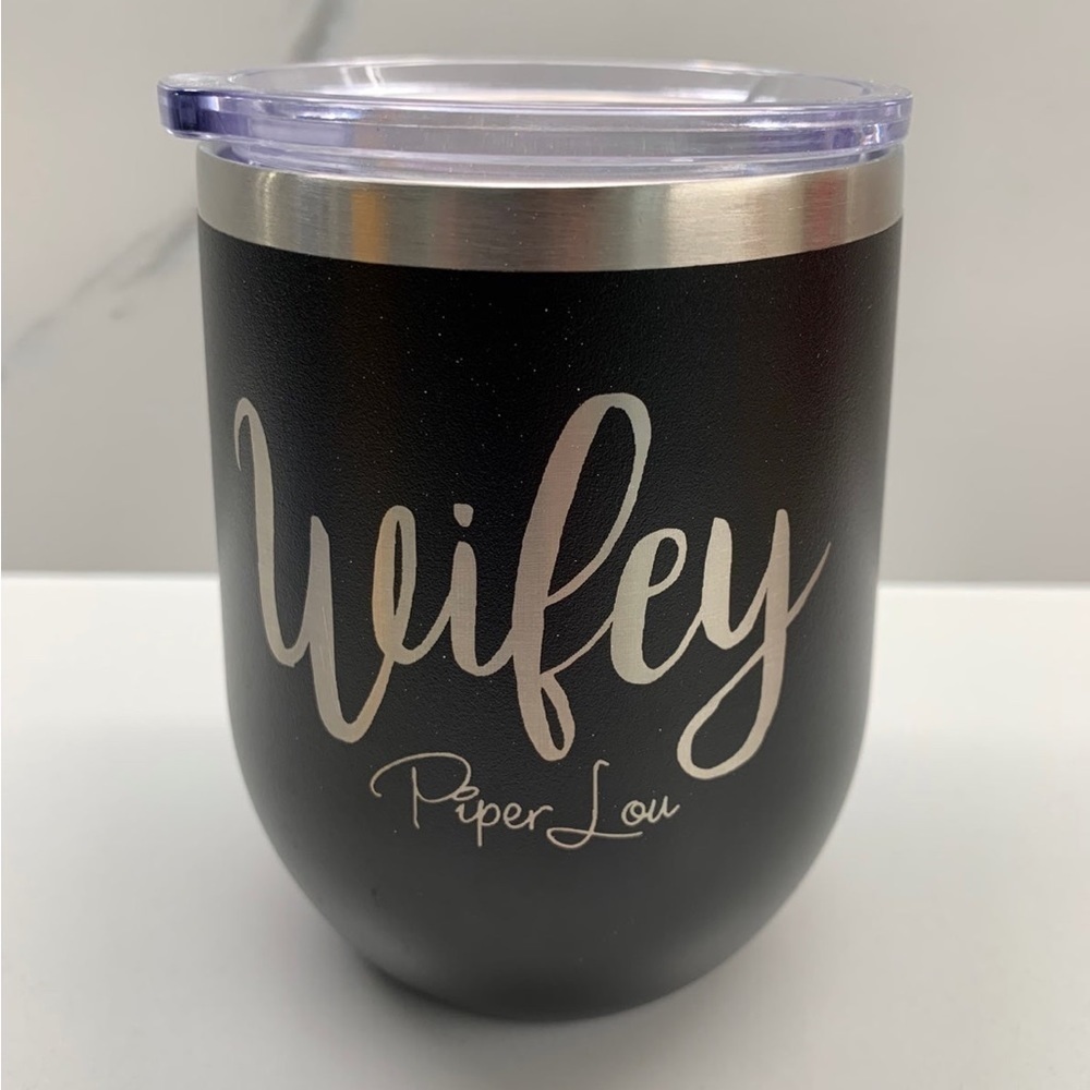 Wifey Piper Lou Black Metal Stemless Wine Tumbler Cup With Lid